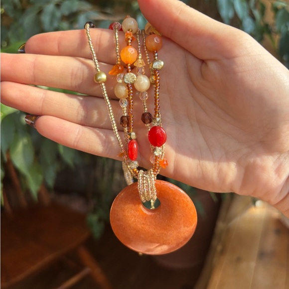 Multicolor Beaded Necklace with Circular Pendant - Picture 4 of 7